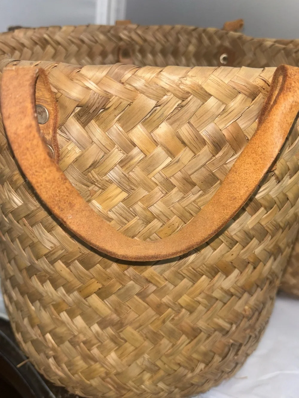 3 vintage Handwoven Straw Tote Bag with Leather Handles - Natural